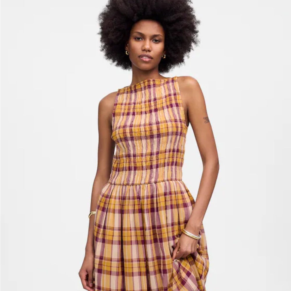 Madewell Plaid Midi Dress in Yellow and Purple